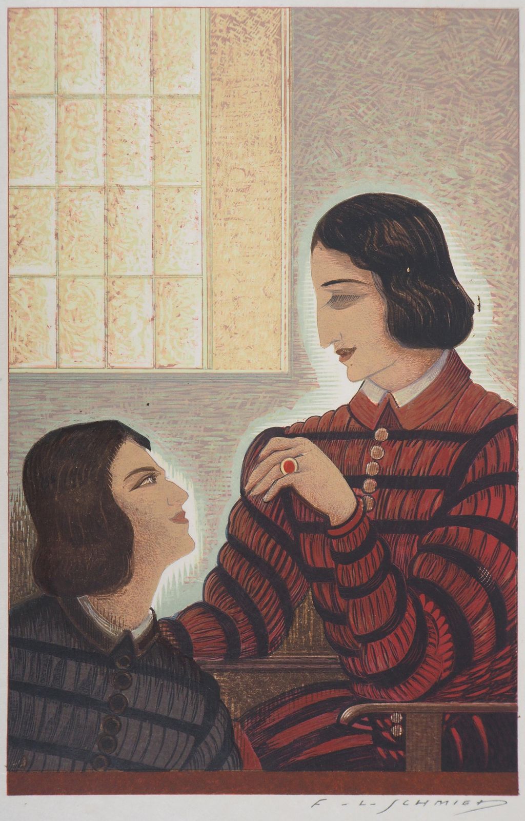 François Louis Schmiedconversation   Original Woodcut Print1938