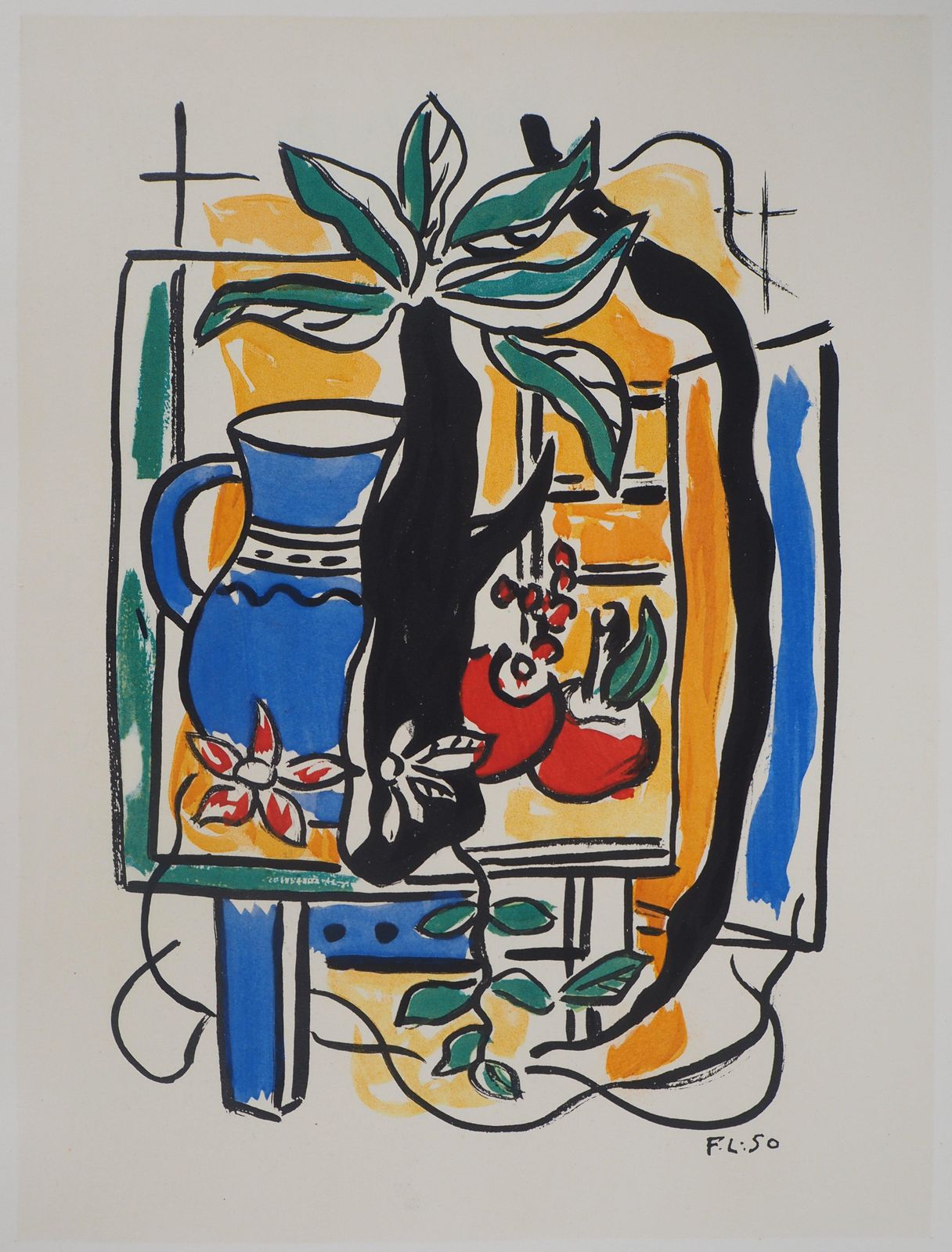 Fernand Légerstill Life With Blue Pitcher And Fruits   Lithograph And Stencil, 19501950