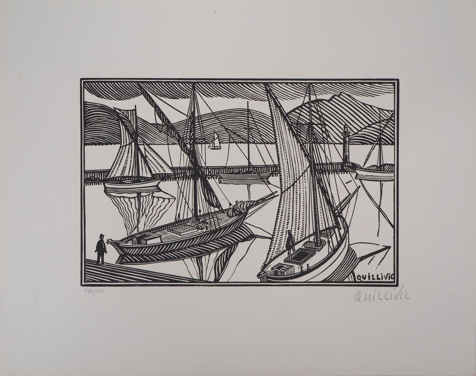 René Quillivicbrittany : Boats At The Harbour   Original Wooodcut, Handsigned1923 photo for sale