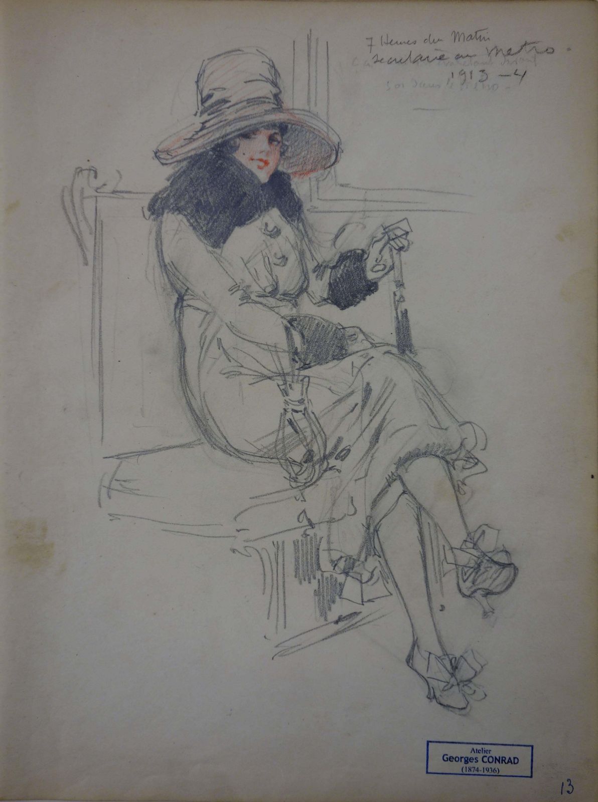 Georges Conradsecretary In The Subway   Pencil Drawing   Circa 1913 photo for sale