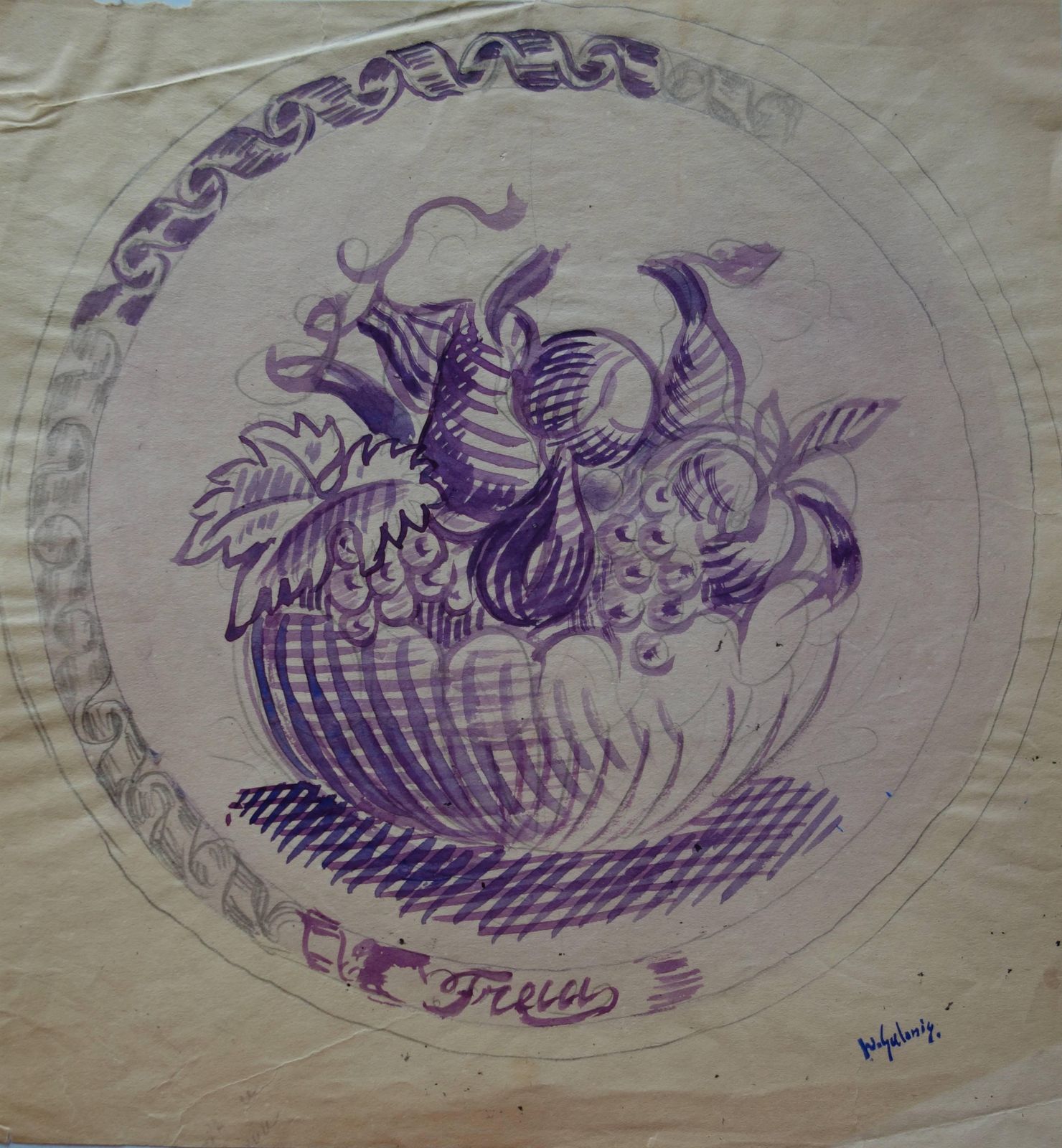 Demetrios Galanissummer Fruits : Figs, Pears & Grapes   Original Ink Drawing   Signed