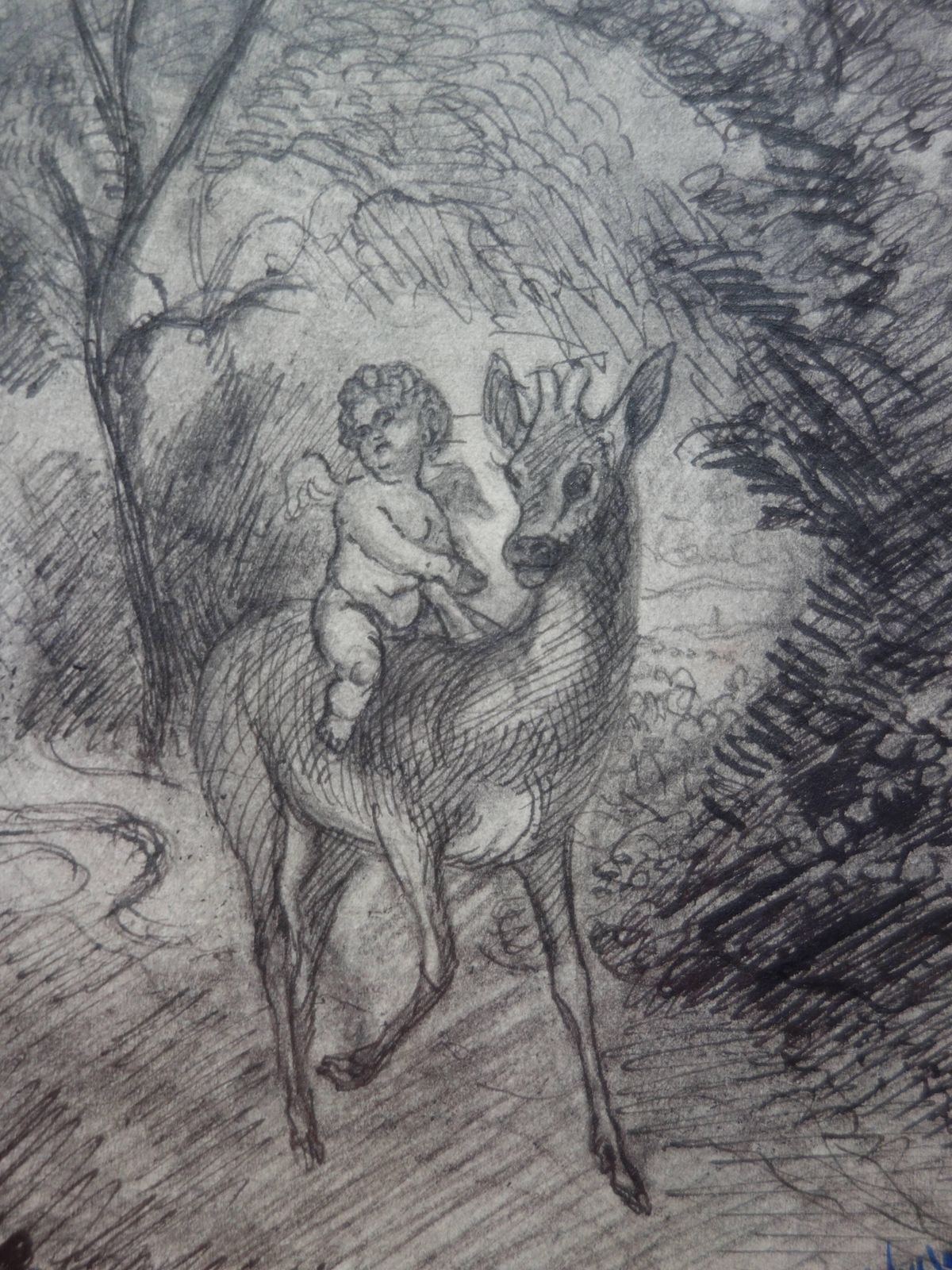 Demetrios Galanisangel Riding A Deer   Original Pencil And Ink Drawing   Signed photo furniture