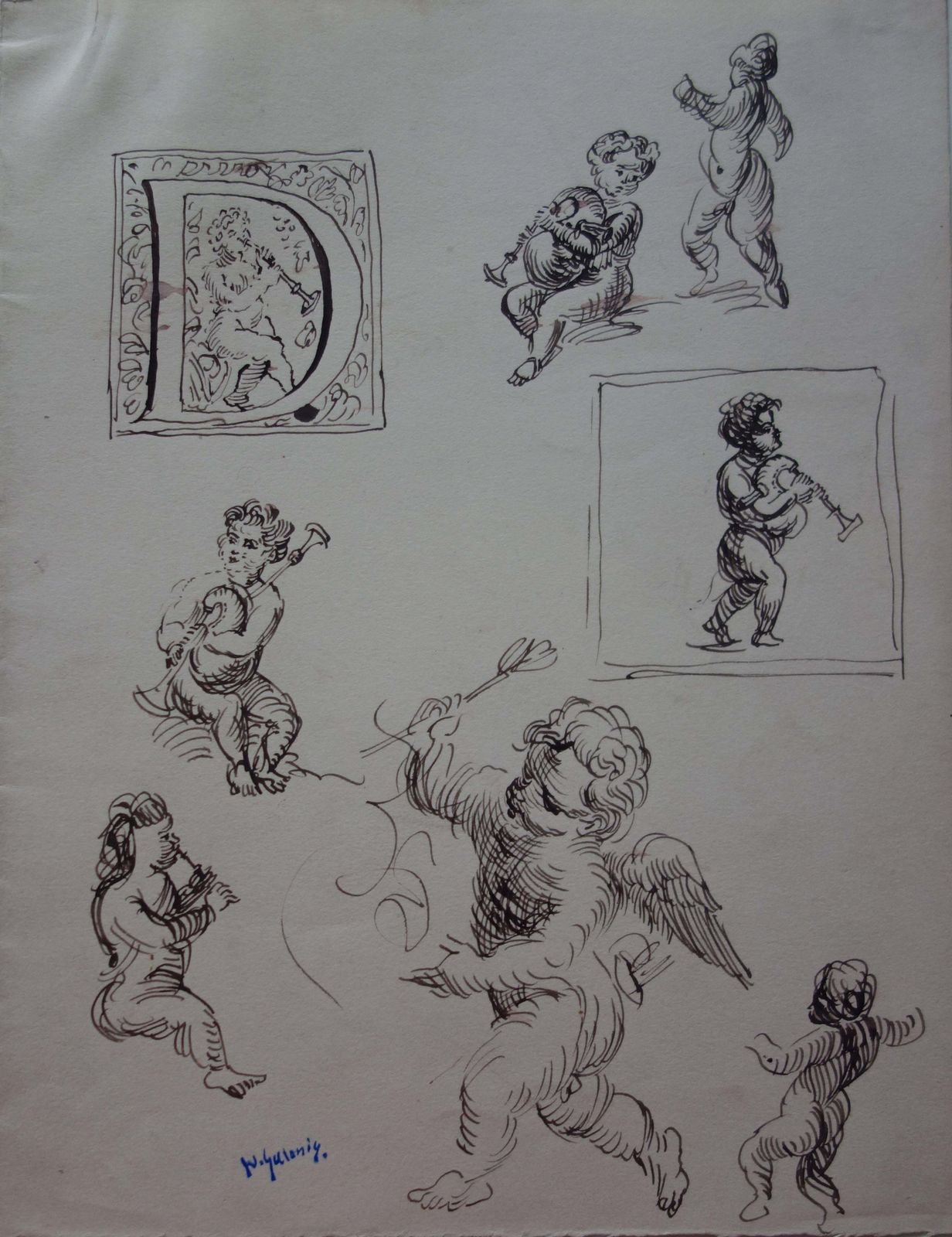 Demetrios Galanisstudies Of Angels   Original Ink Drawing   Signed