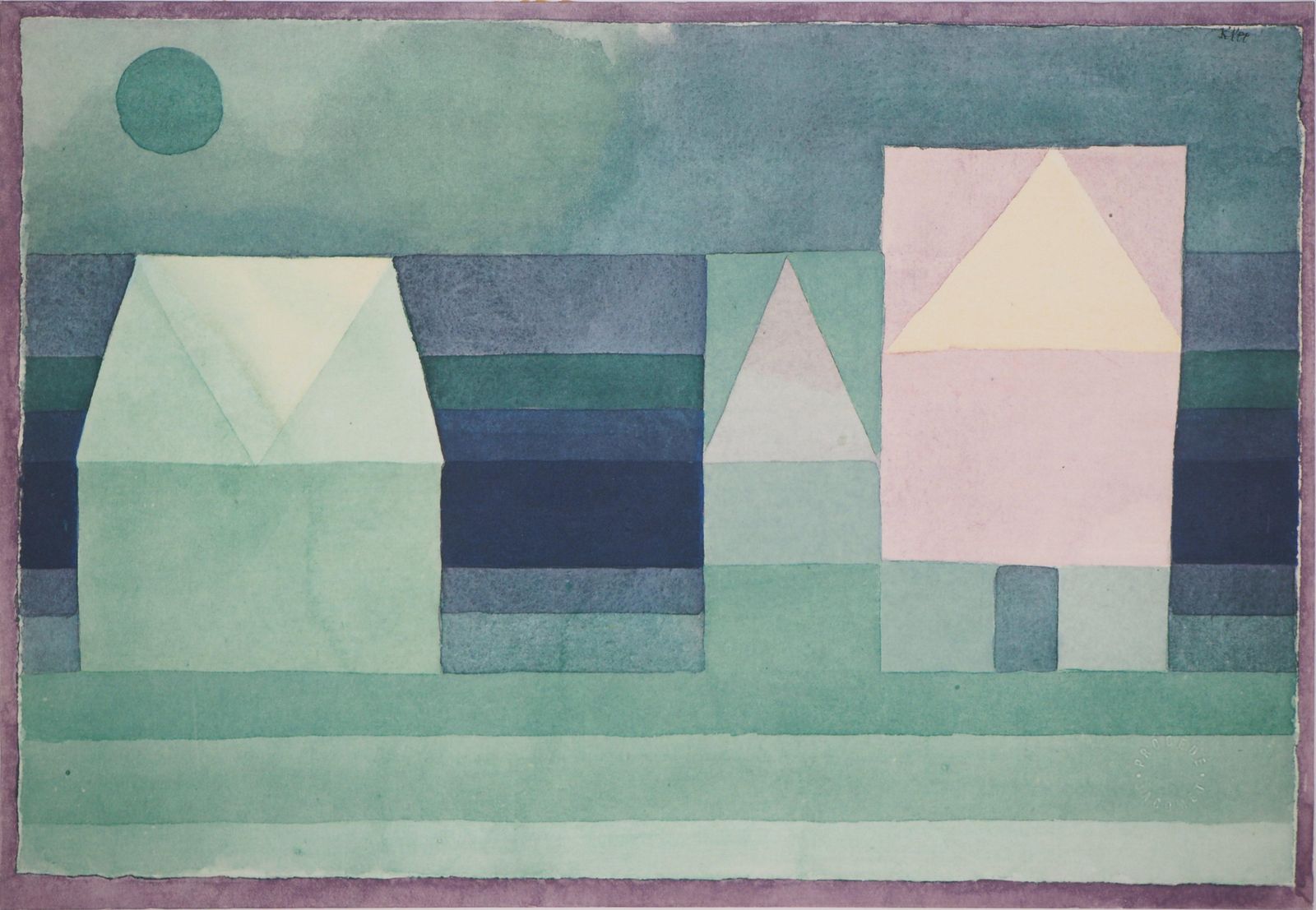 (After) Paul Kleethree House, Green Violet Gradation   Lithograph And Stencil1964