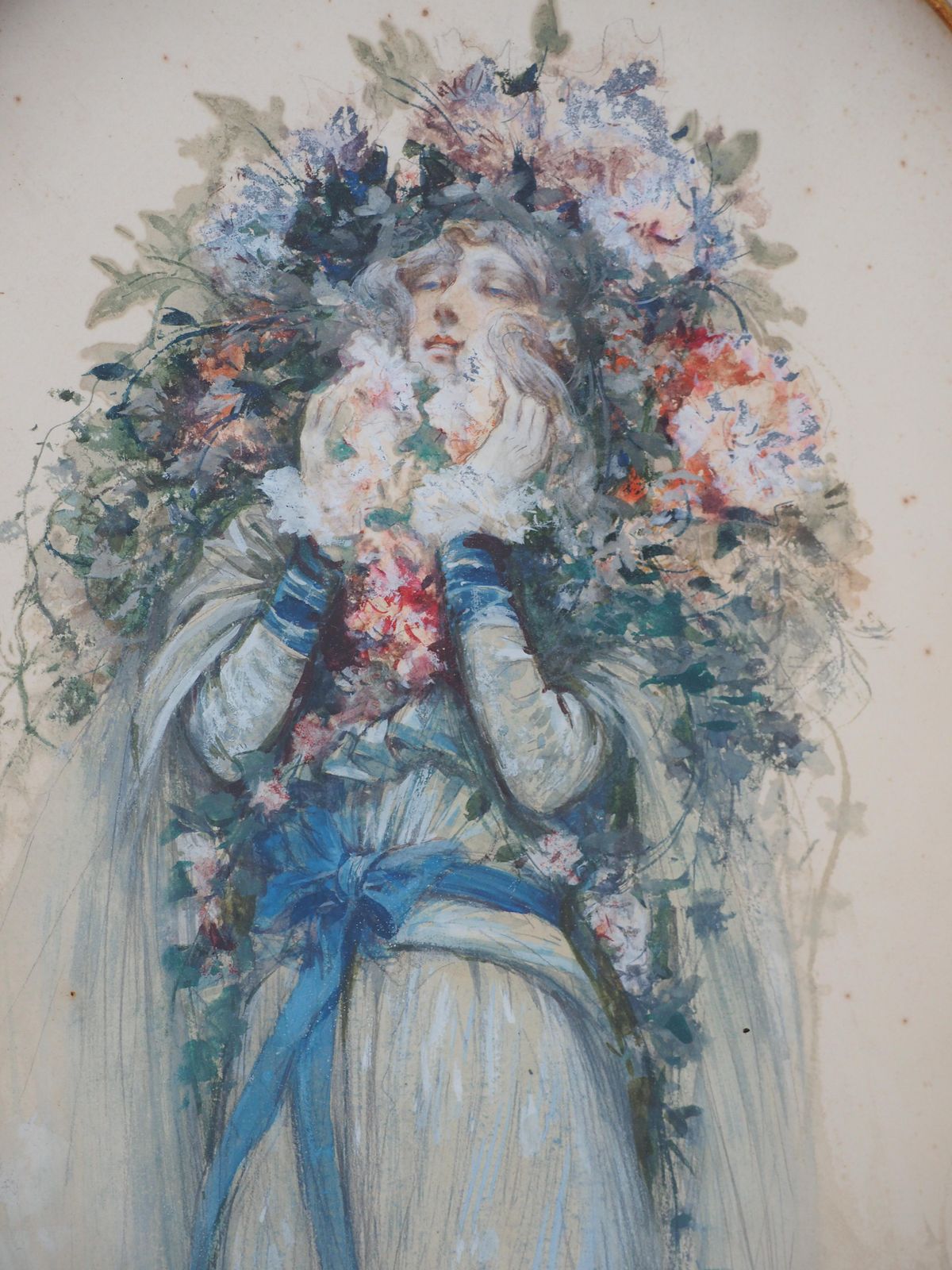 Georges Jules Victor Clairintheater : Sarah Bernhardt With Flowers   Original Watercolor, Handsigned1903 photo Art