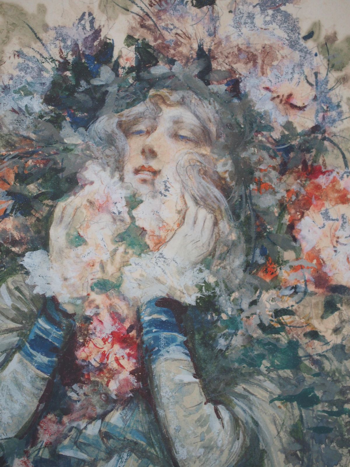 Georges Jules Victor Clairintheater : Sarah Bernhardt With Flowers   Original Watercolor, Handsigned1903 photo vinterior