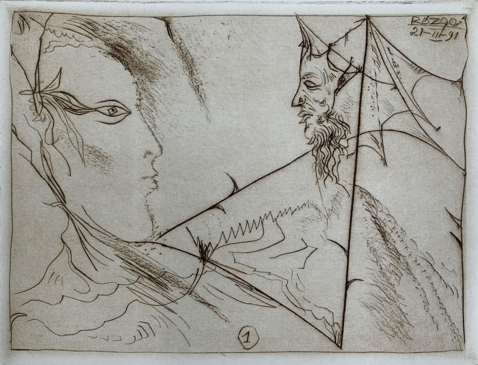 Leszek Rózgaa Hybrid    Figurative Drypoint Print, Monochromatic, Surrealist, Minimalist1991