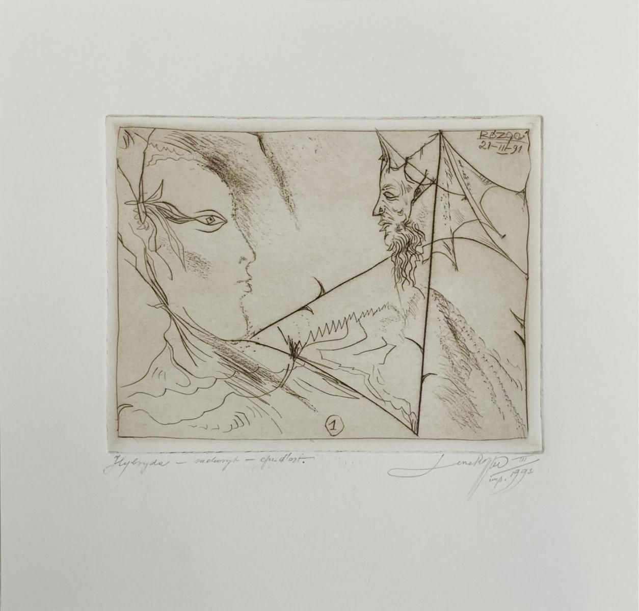 Leszek Rózgaa Hybrid    Figurative Drypoint Print, Monochromatic, Surrealist, Minimalist1991 photo furniture