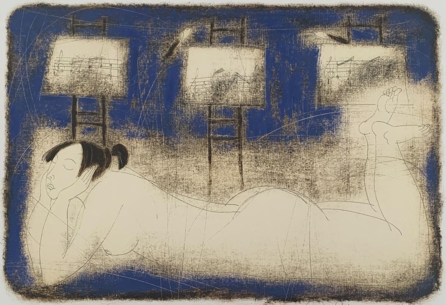 Siergiej Timochownude With Music In The Background. Figurative Monotype Print, European Artist2005