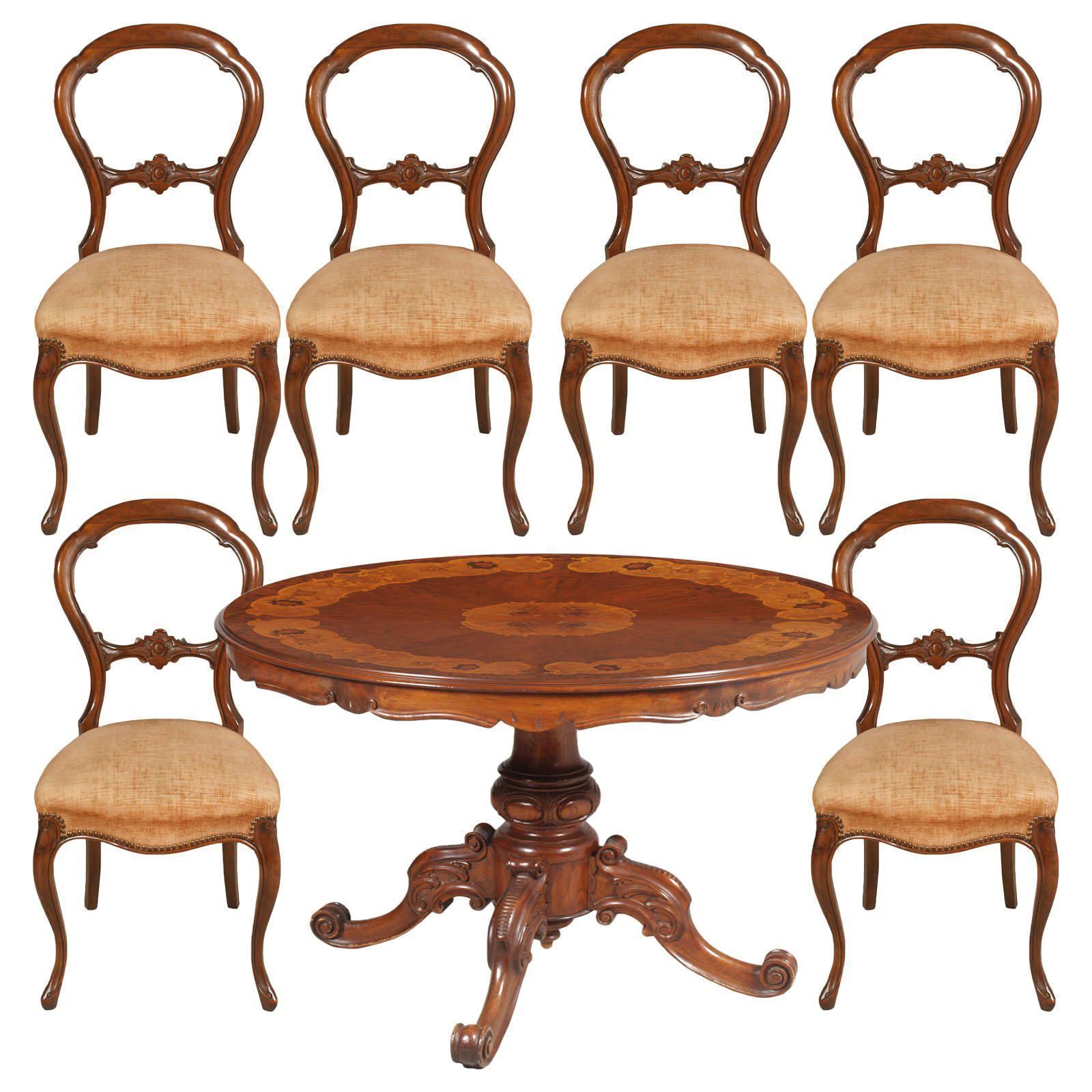 Baroque Sorrento Inlaid & Carved Walnut Round Table & Six Chairs, Wax Polished