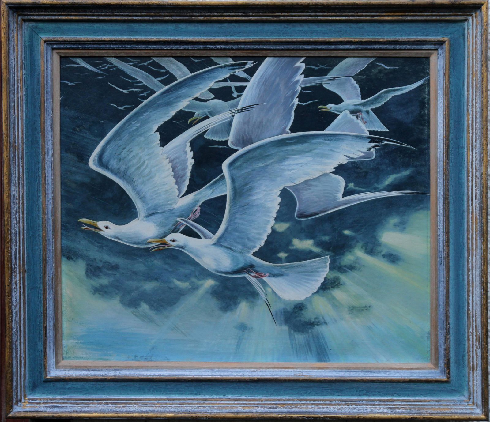 Stuart Maxwell Armfieldflock Of Seagulls   British 60's Surrealist Art Oil Painting Birds In Flightcirca 1960