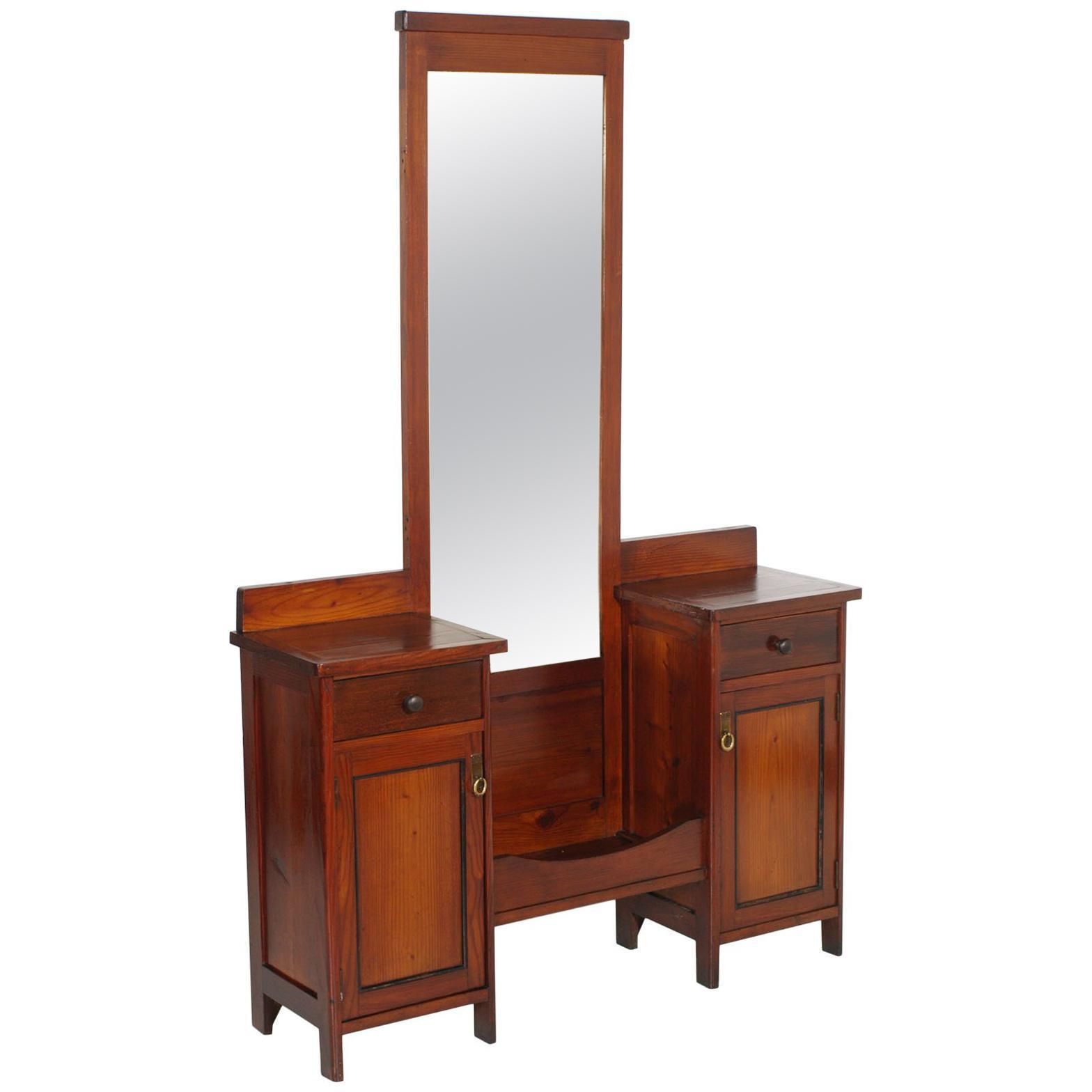 Antique Country Vanity, Entry Mirror With Cabinets, Pine Wax Polished