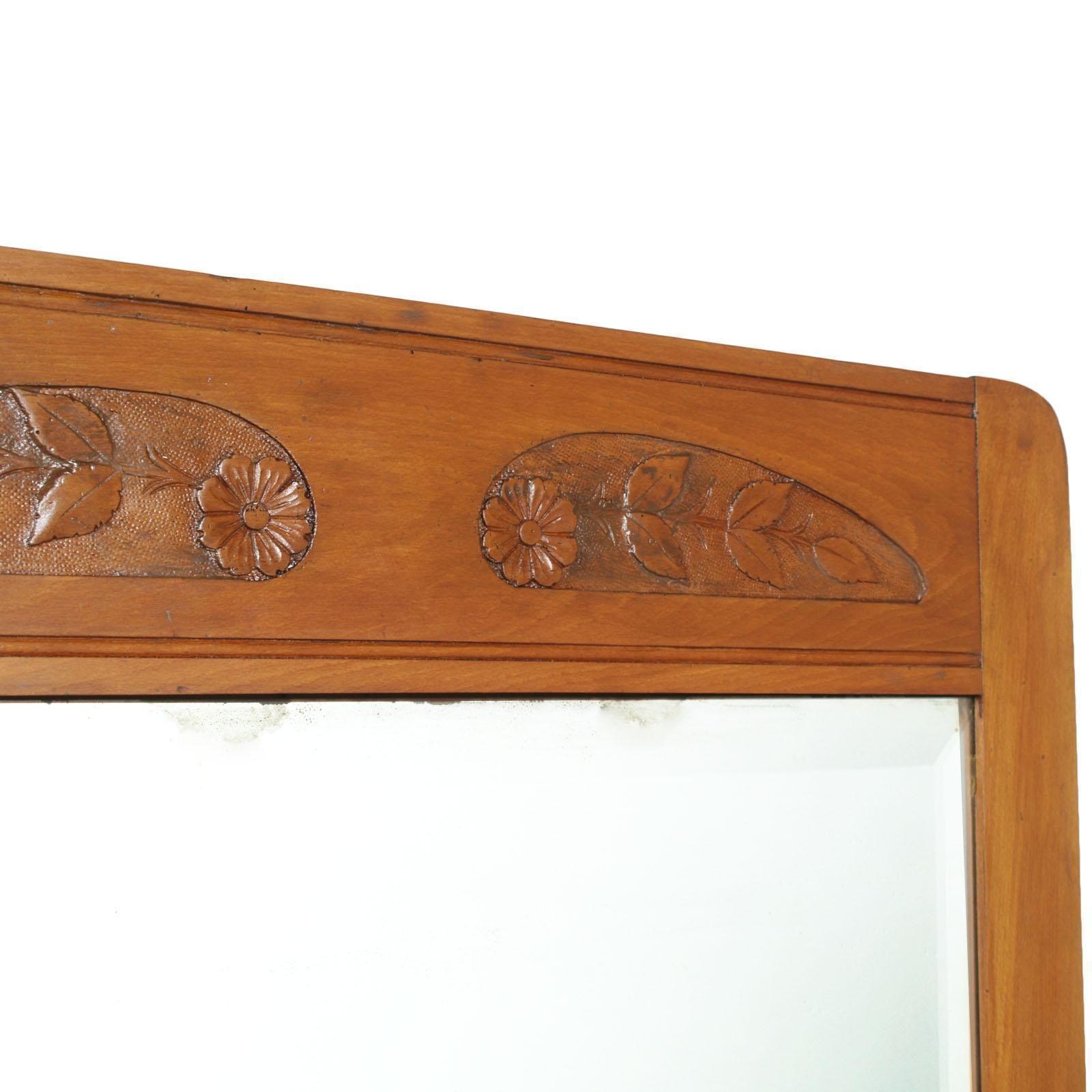 Art Nouveau Vanity Cabinet, Carved Cherrywood, Bevelled Mirror, Gray Marble Top photo 4302.8
