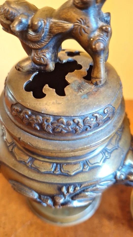 Antique Pair Chinese Bronze Incense Burners Tri Stem & Foliage Foo Dog Heads photo 595.0