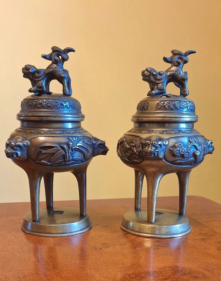 Antique Pair Chinese Bronze Incense Burners Tri Stem & Foliage Foo Dog Heads photo vinterior