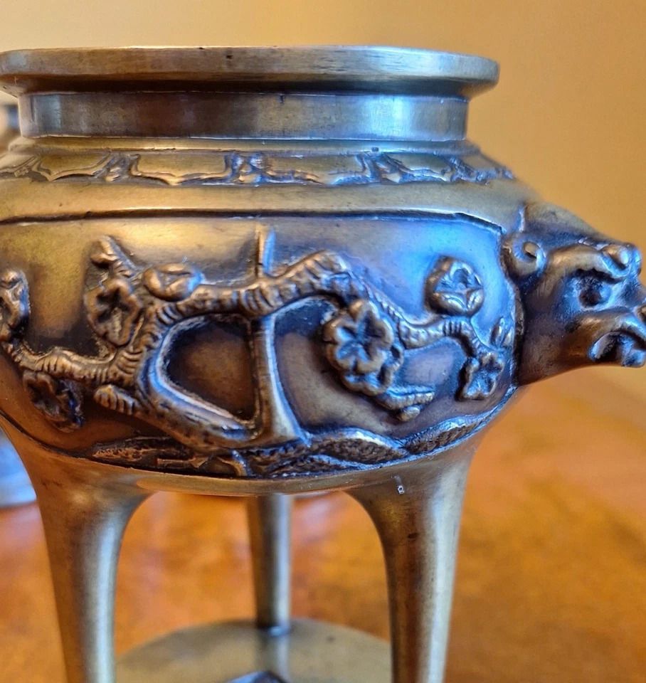 Antique Pair Chinese Bronze Incense Burners Tri Stem & Foliage Foo Dog Heads photo buy