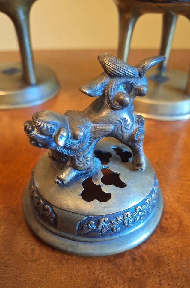 Art Antique Pair Chinese Bronze Incense Burners Tri Stem & Foliage Foo Dog Heads photo