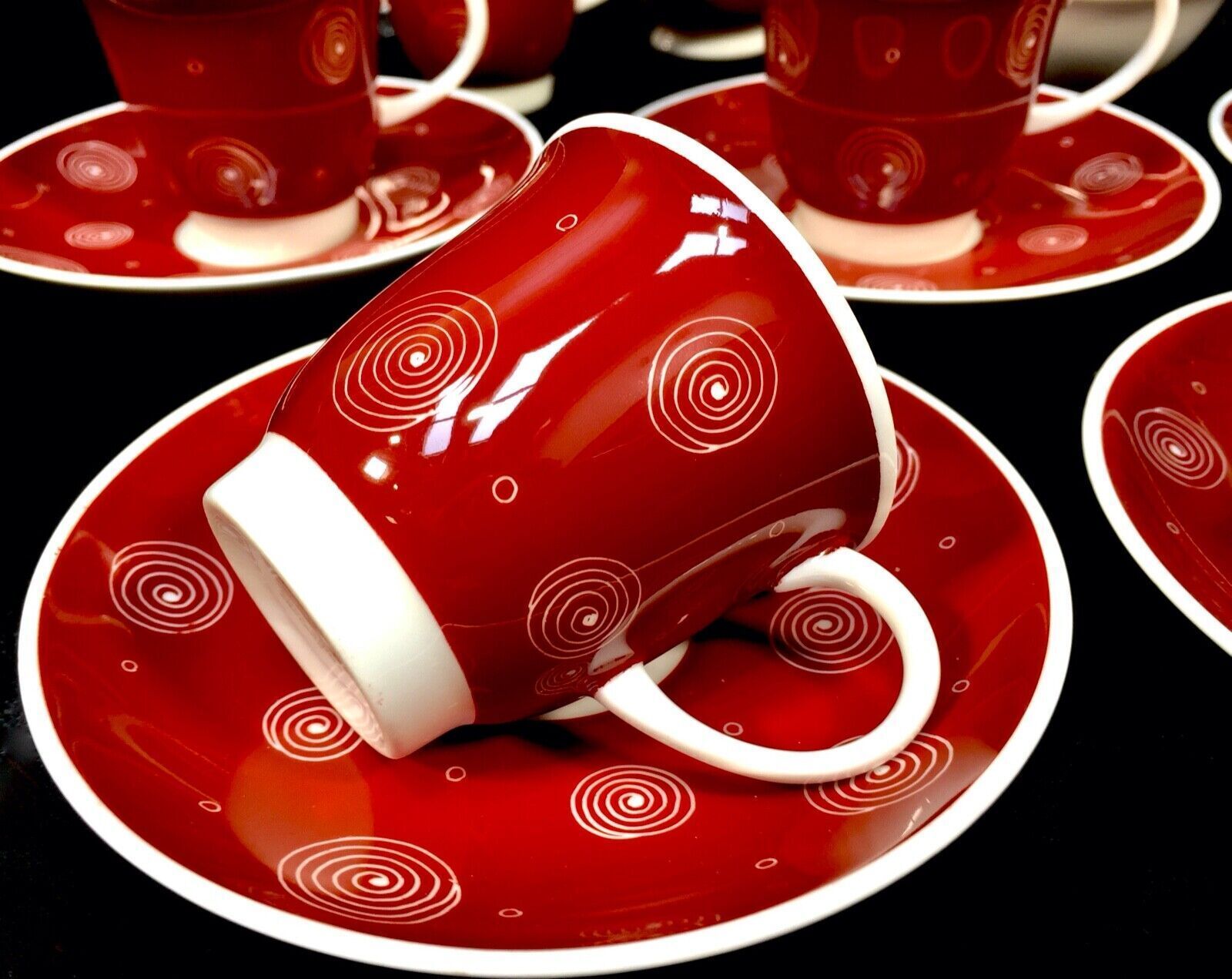 Vintage Susie Cooper Coffee Set For 6 People / Red & White Swirls / Antique photo Home Decor