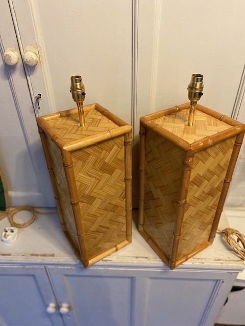 photo for sale Pair Of Mid Century Coastal Square Parquet Rattan Table Lamps, American, 1970s