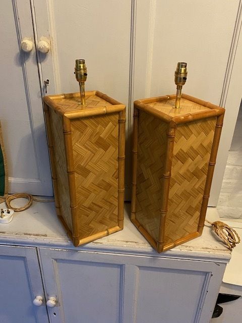 Pair Of Mid Century Coastal Square Parquet Rattan Table Lamps, American, 1970s photo 950.0