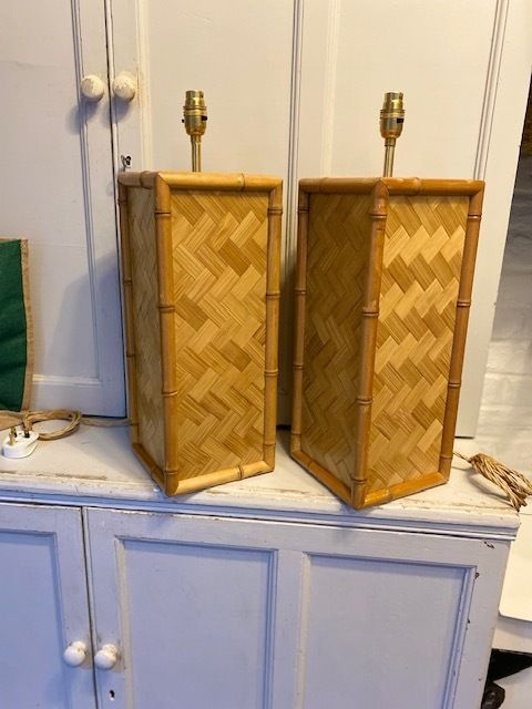 Pair Of Mid Century Coastal Square Parquet Rattan Table Lamps, American, 1970s photo vinterior