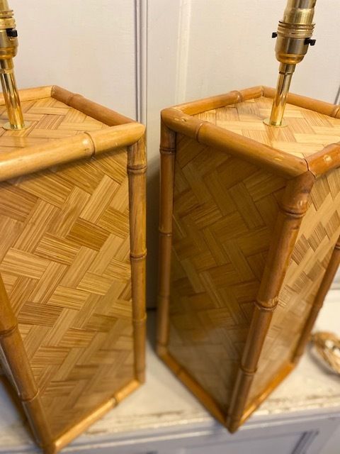 photo furniture Pair Of Mid Century Coastal Square Parquet Rattan Table Lamps, American, 1970s