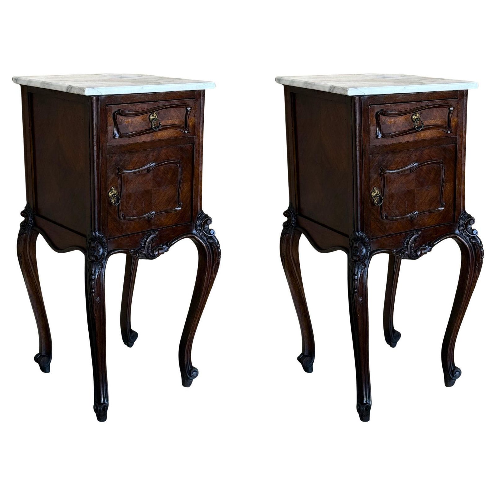 Antique French Mahogany Night Stands  Or Bedside Tables With Marble Top , 1900