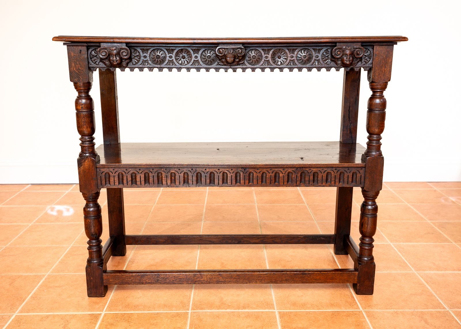 Jacobean Country Carved Oak Tiered Court Cupboard Server Buffet Display Stand Media Shel.F Unit County House 17th Century Fine Antique Farmhouse photo furniture