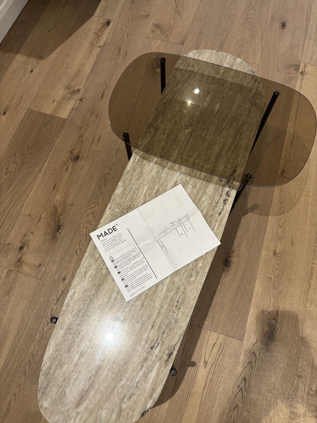 Made   Tiziana Nesting Coffee Table, Caramel Marble And Amber Glass photo for sale