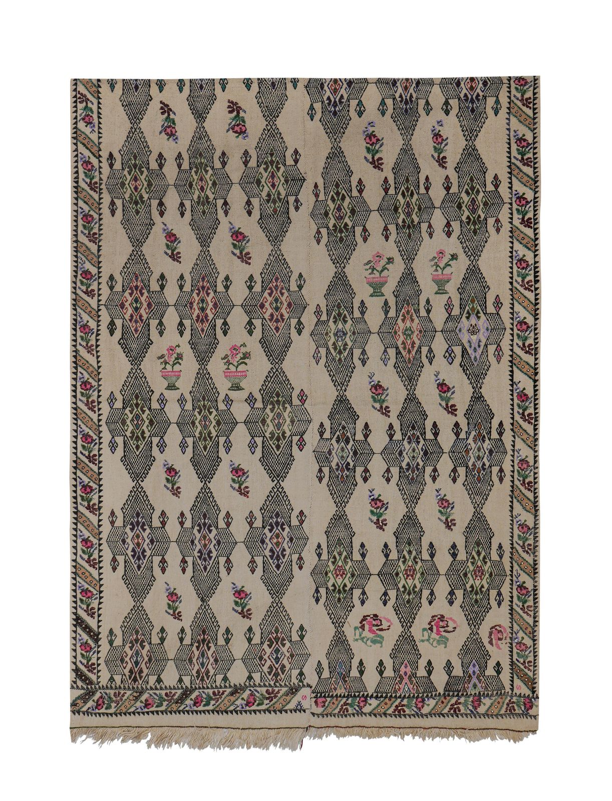Mid 20cty Diamond Pattern Jajim Kilim With Muted Colors 5'6'' X 7'6''