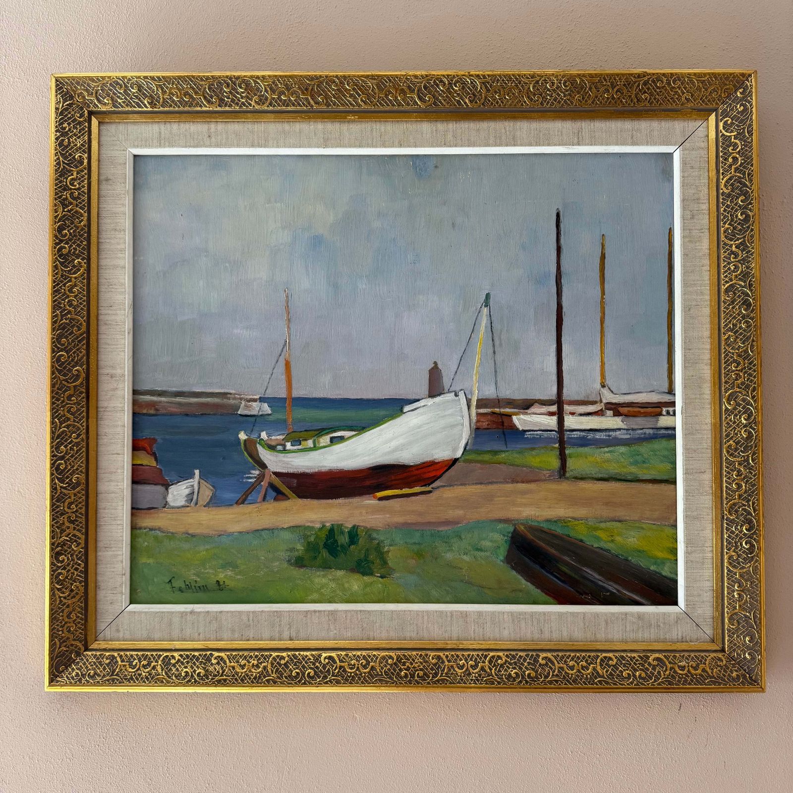 Harbour Oil On Panel Of Boats, 1980s photo furniture