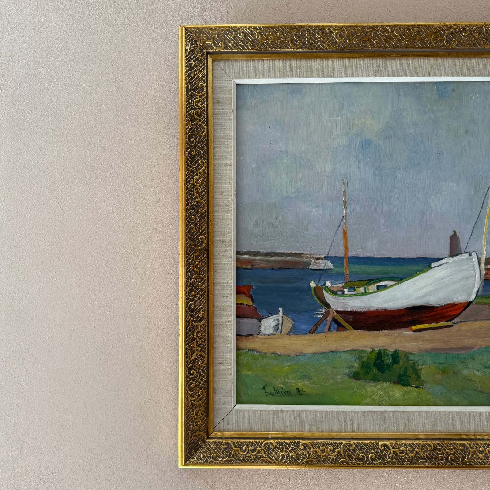 Harbour Oil On Panel Of Boats, 1980s photo for sale
