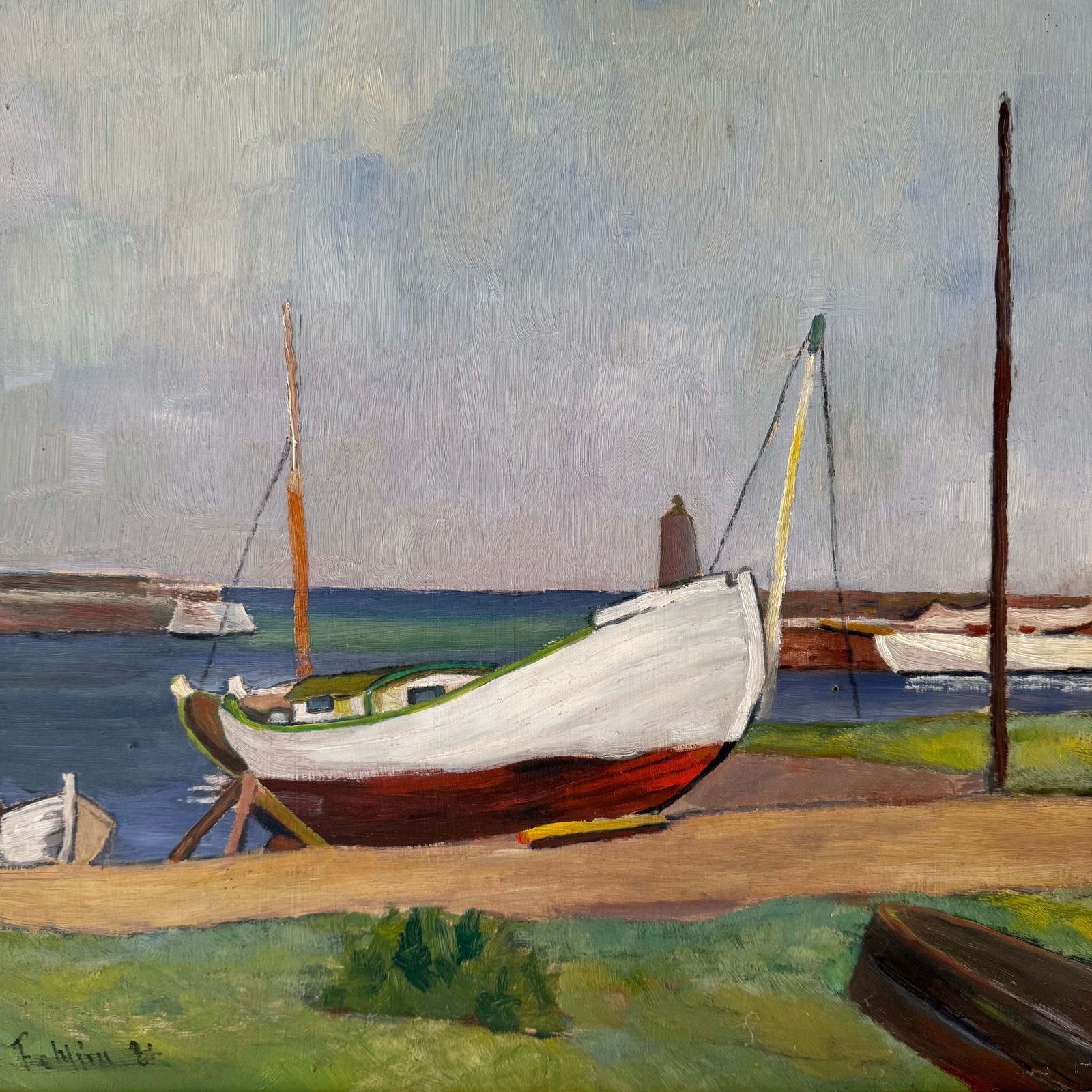 Harbour Oil On Panel Of Boats, 1980s photo 625.0