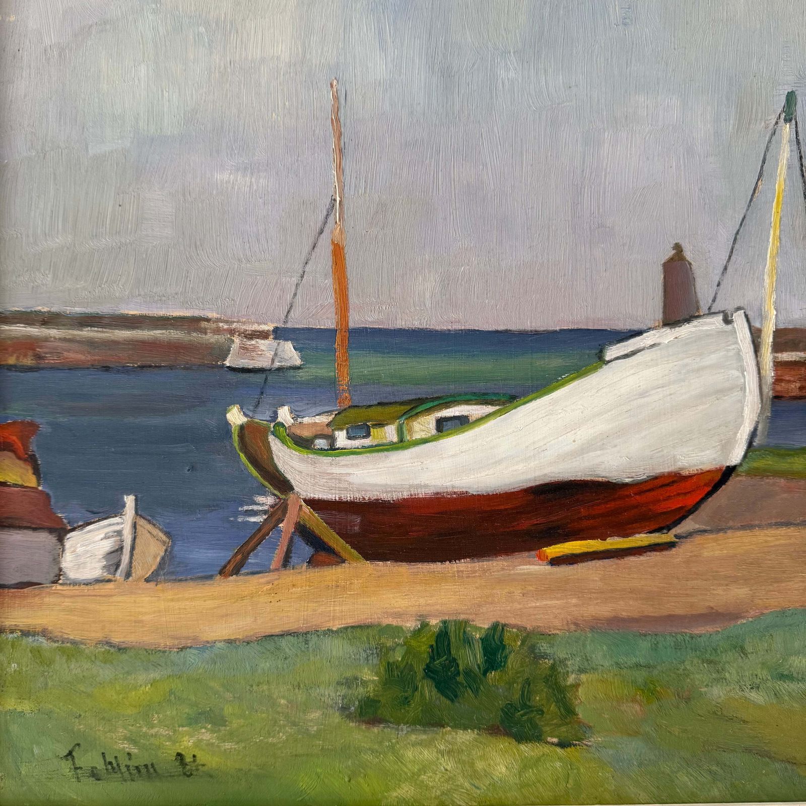 Harbour Oil On Panel Of Boats, 1980s photo vinterior