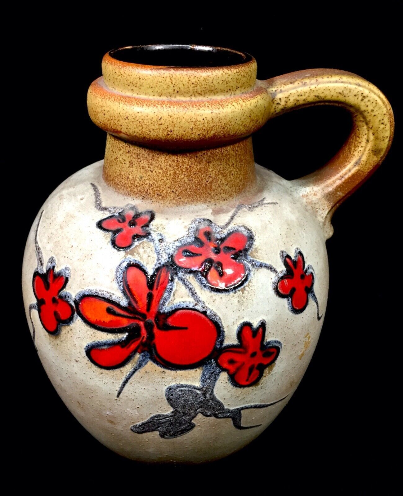 Vintage Large West German Pottery Vase / Jug / Red Flowers / Black Retro 1970's photo furniture