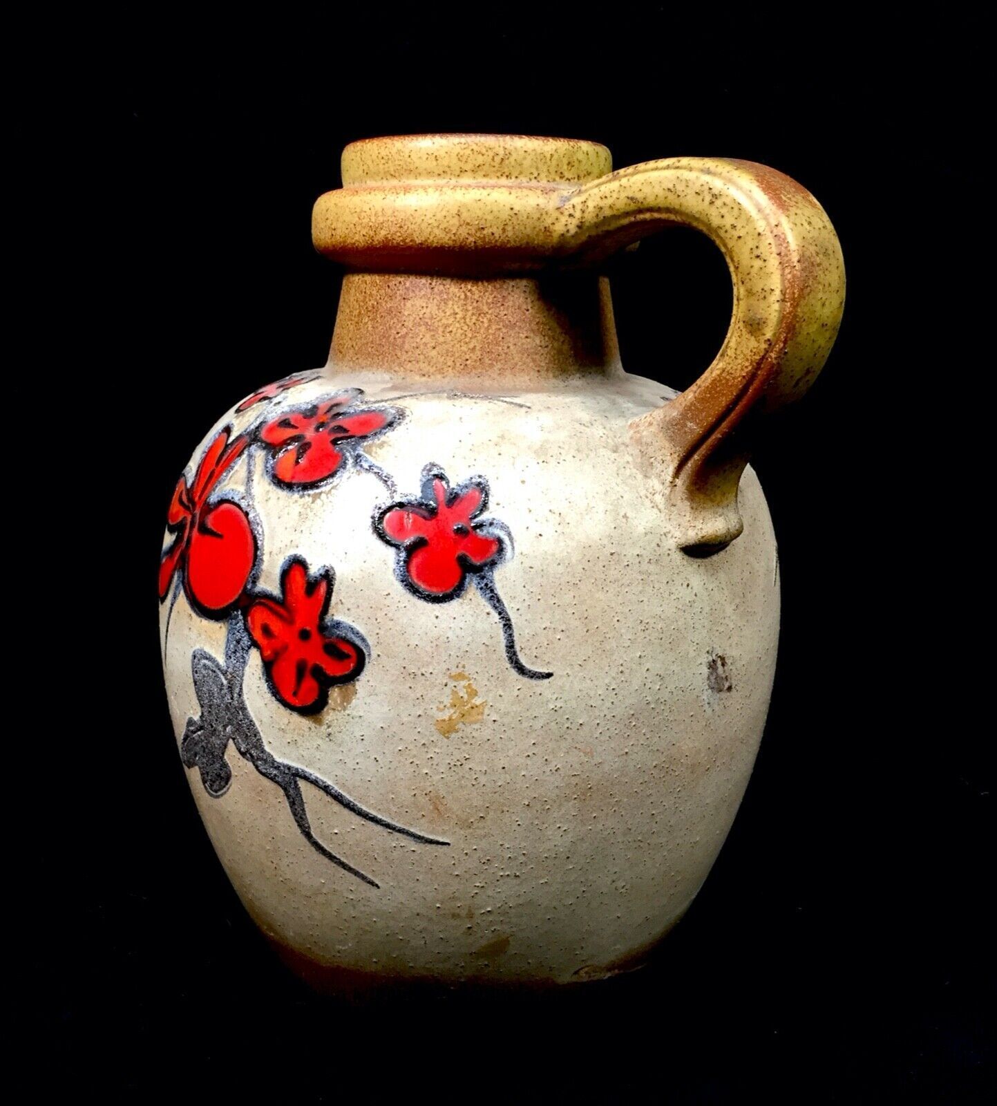 Vintage Large West German Pottery Vase / Jug / Red Flowers / Black Retro 1970's photo 139.0