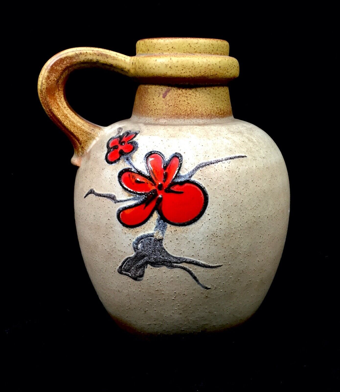 Vintage Large West German Pottery Vase / Jug / Red Flowers / Black Retro 1970's photo vinterior