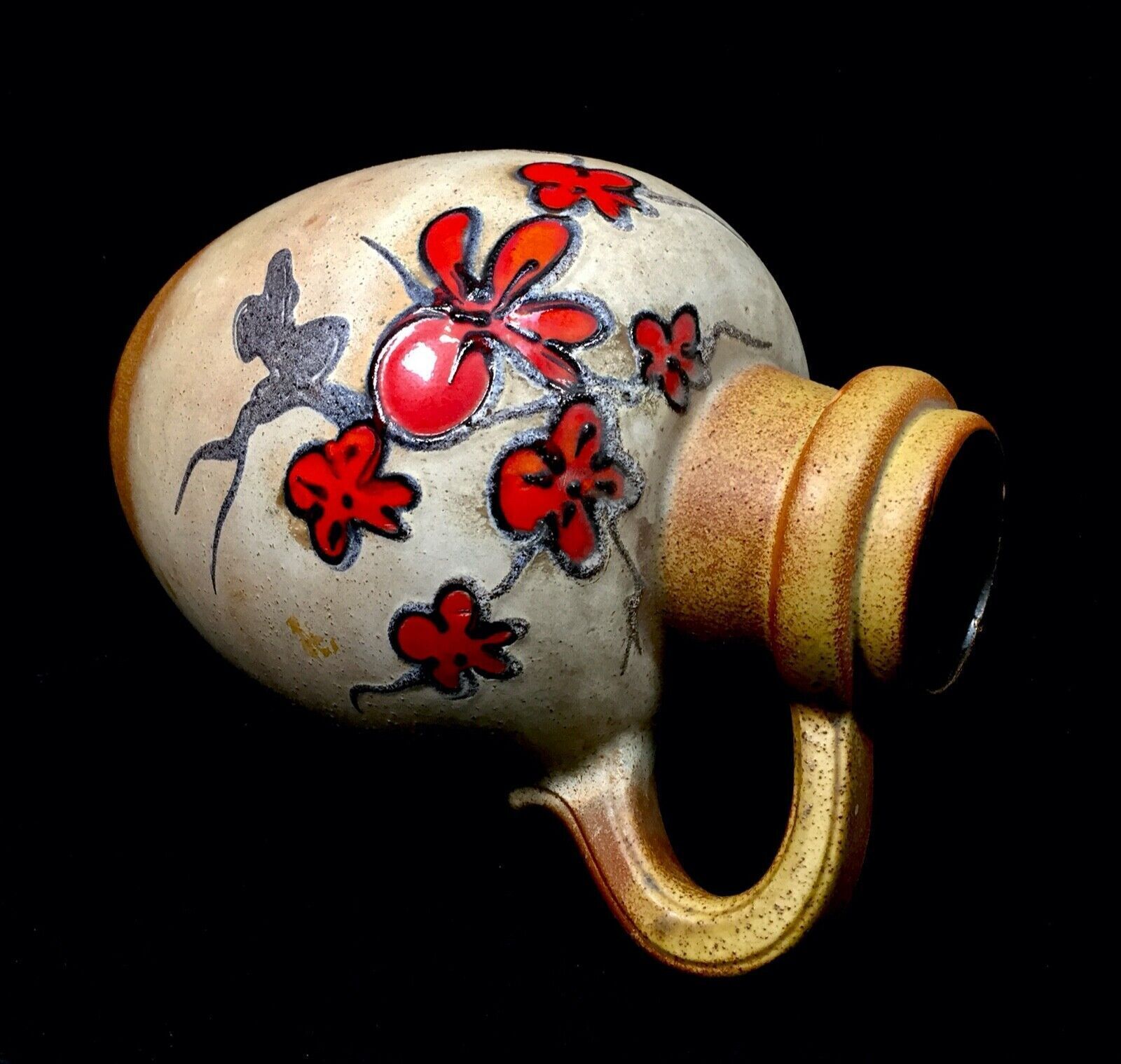 photo furniture Vintage Large West German Pottery Vase / Jug / Red Flowers / Black Retro 1970's