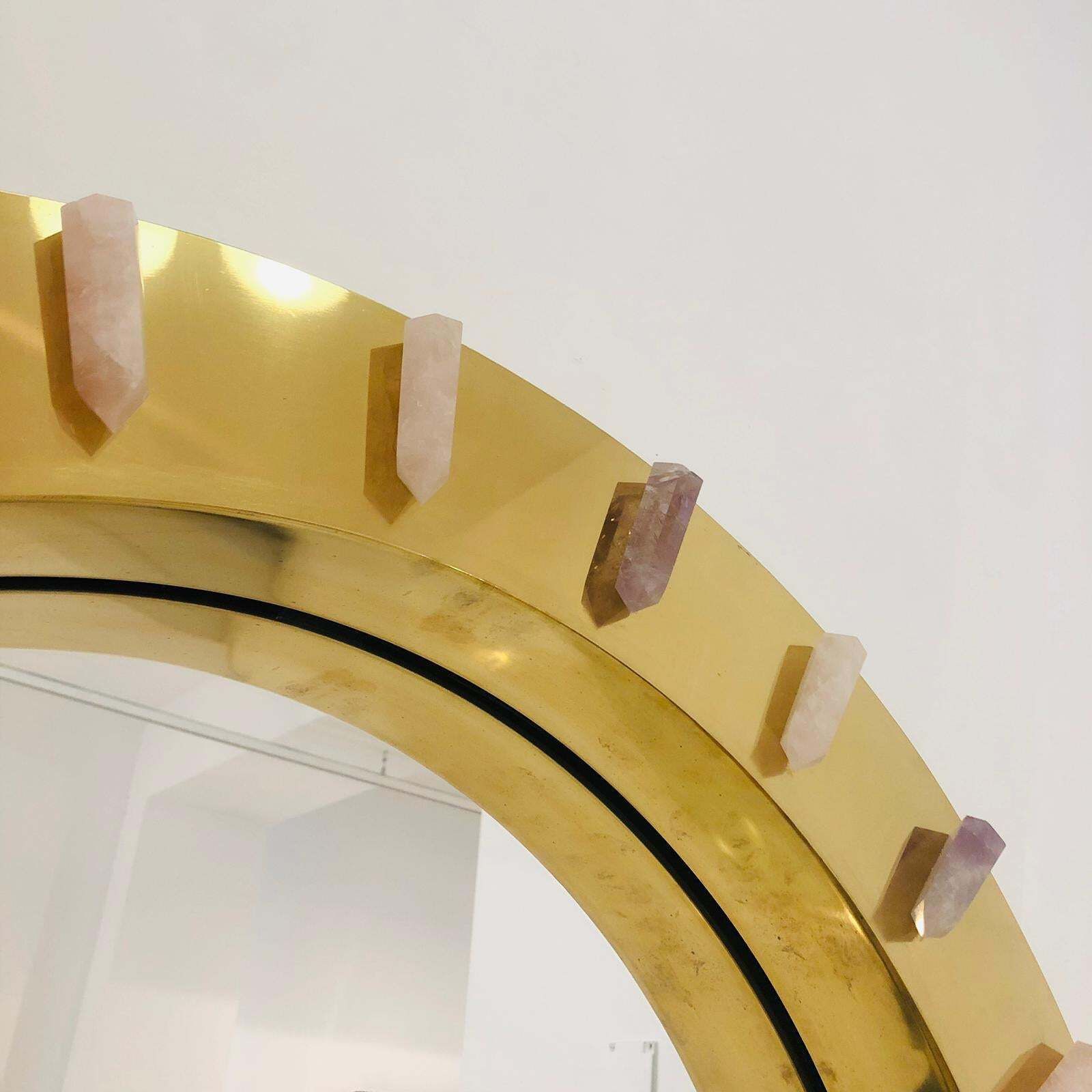 photo furniture Midcentury Style Made Of Brass And Pink Quartz Circular Italian Mirror
