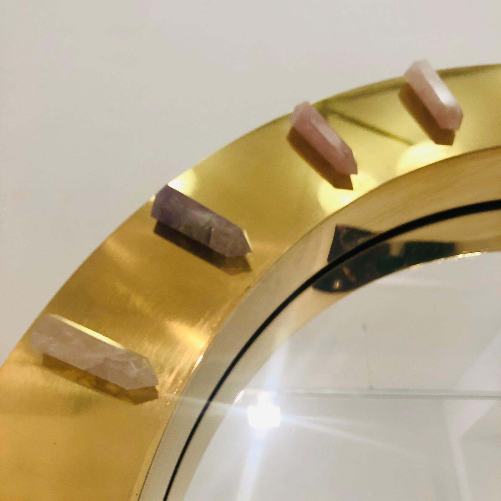 photo for sale Midcentury Style Made Of Brass And Pink Quartz Circular Italian Mirror