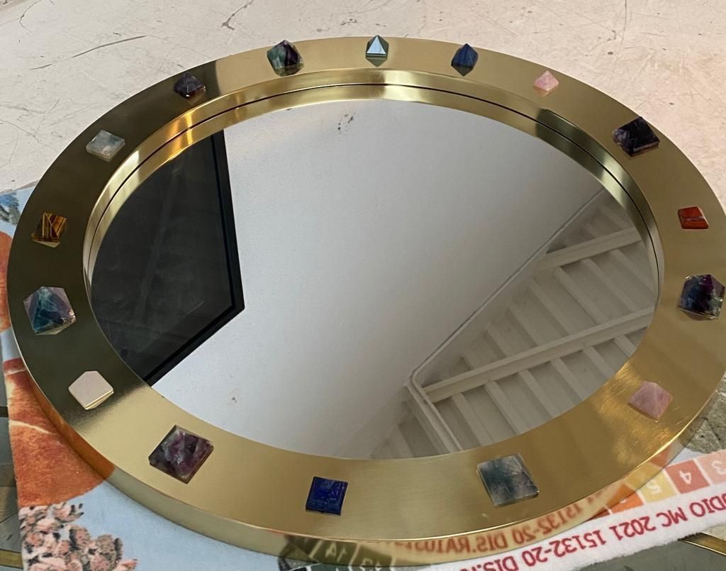 Contemporary Modern Spanish Circular Brass And Semi Precious Stones Mirror photo 3842.0