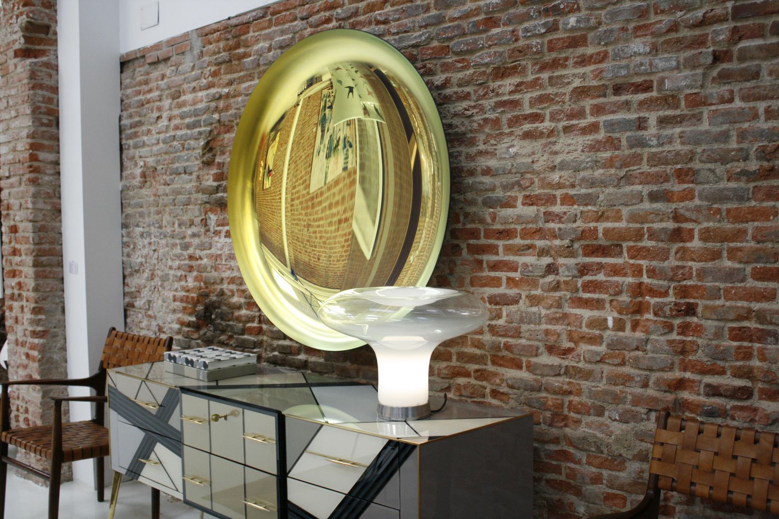 14344.0 Modern Sculptural Concave Yellow Glass French Mirror photo