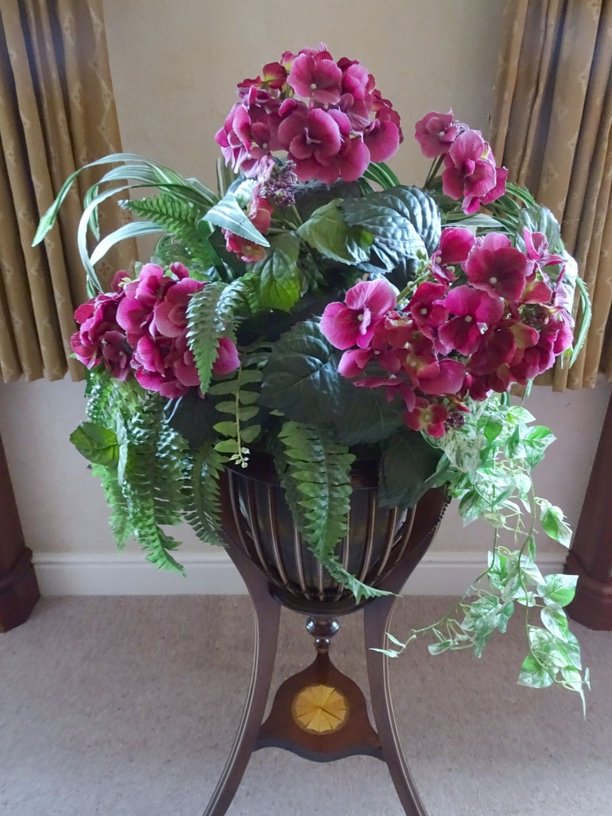 Mahogany Inlaid Jardinière With Artificial Flower Arrangement photo for sale