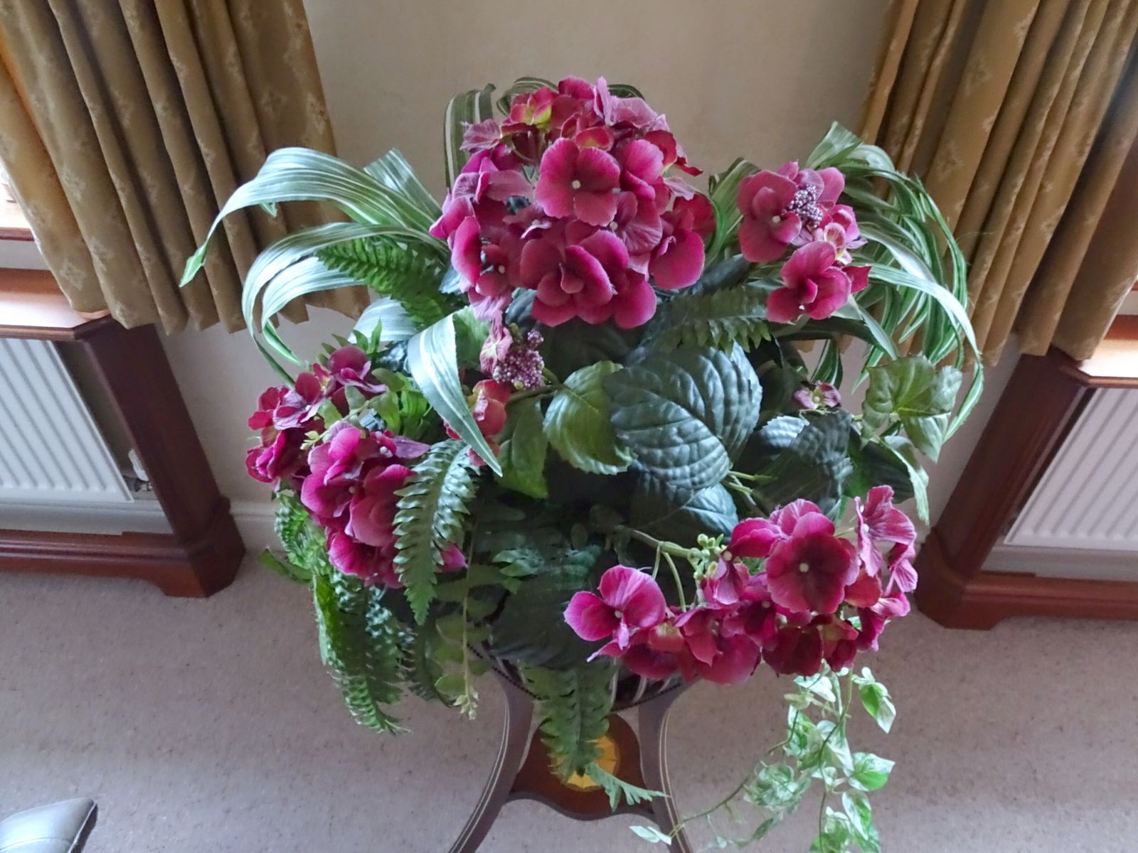 Mahogany Inlaid Jardinière With Artificial Flower Arrangement photo Home Decor
