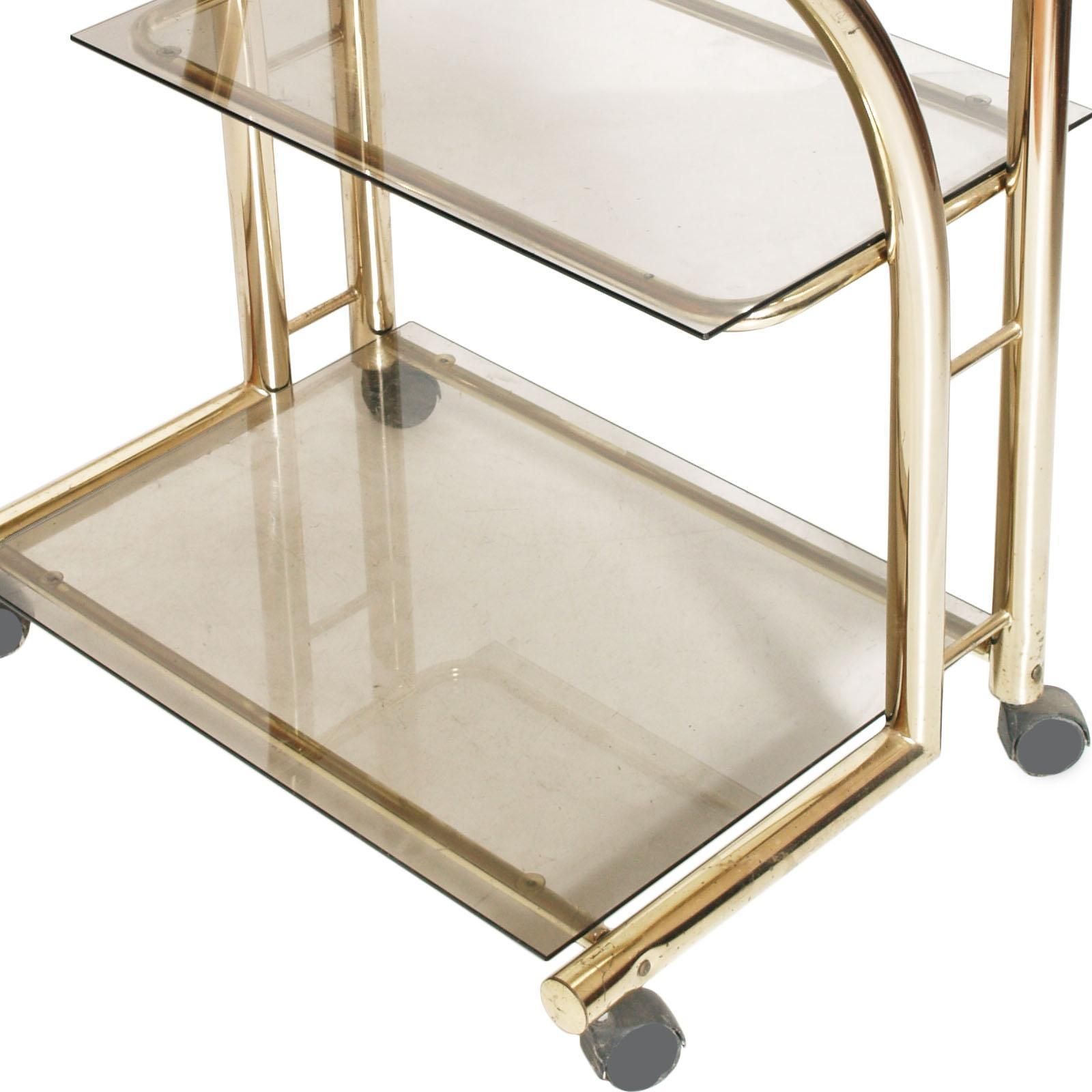1970s Bar Cart, Occasional Table, Console, In Gilt Brass With 3 Cristal Shelves photo for sale