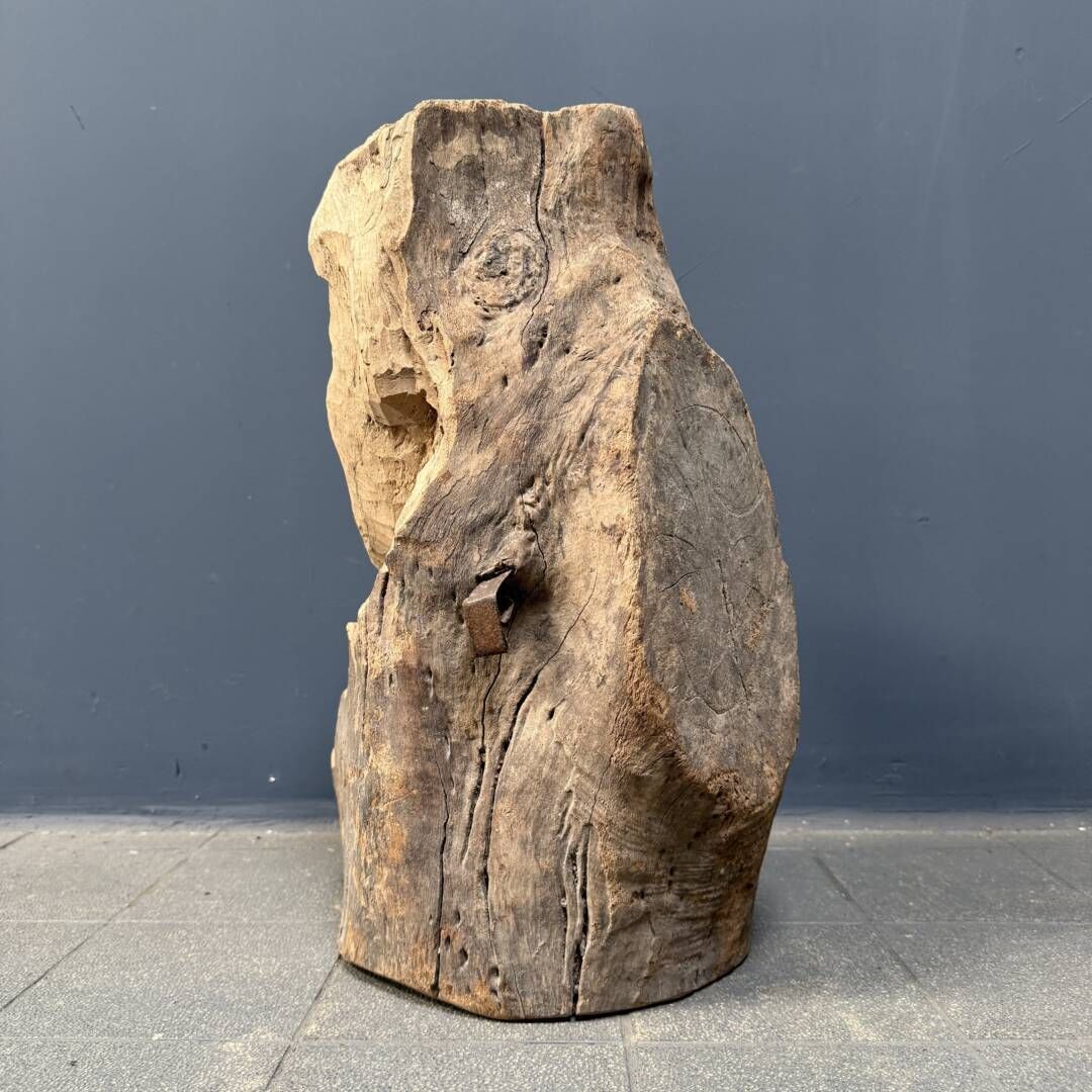 Groot houten hoofd of gezicht, gesneden uit een boomstam photo vinterior