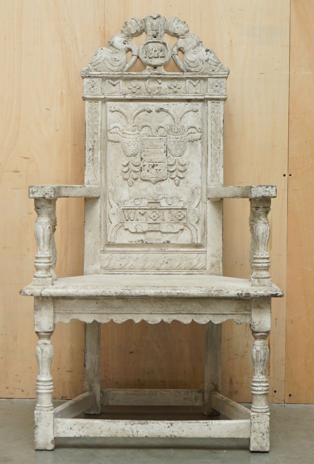 Antique 1622 Dated Ornately Hand Carved English Oak Painted Throne Armchair photo for sale