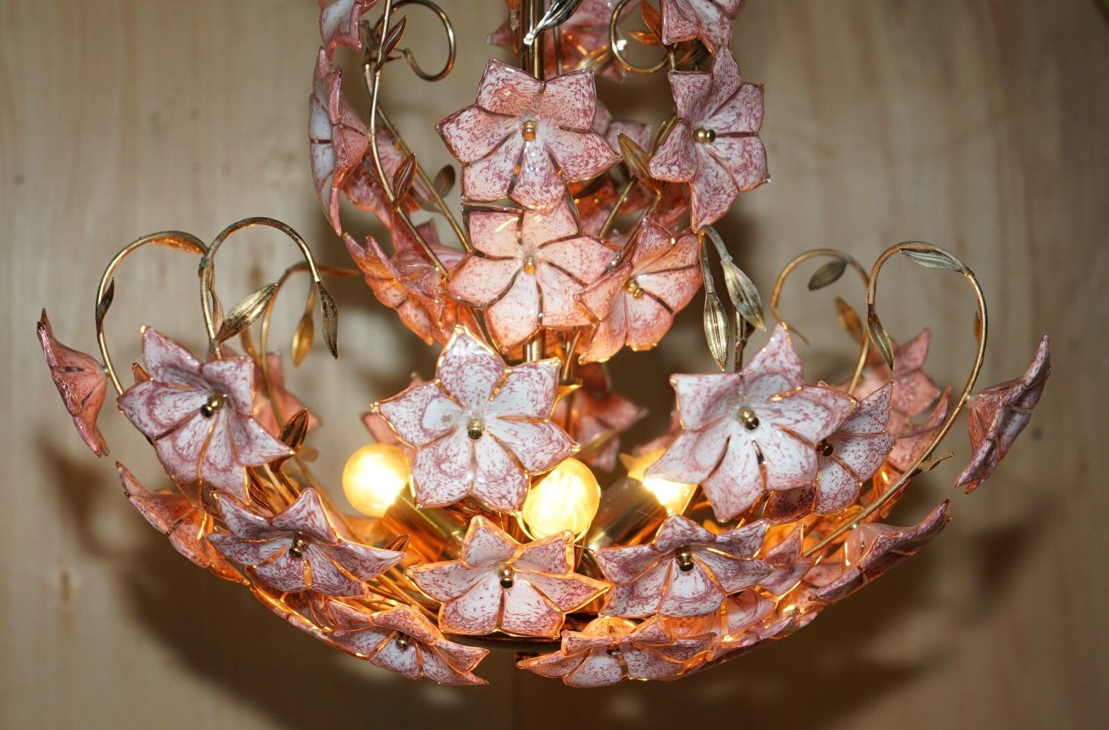Stunning Large Italian Murano Rose Glass Mid Century Modern Floral Chandelier photo vintage