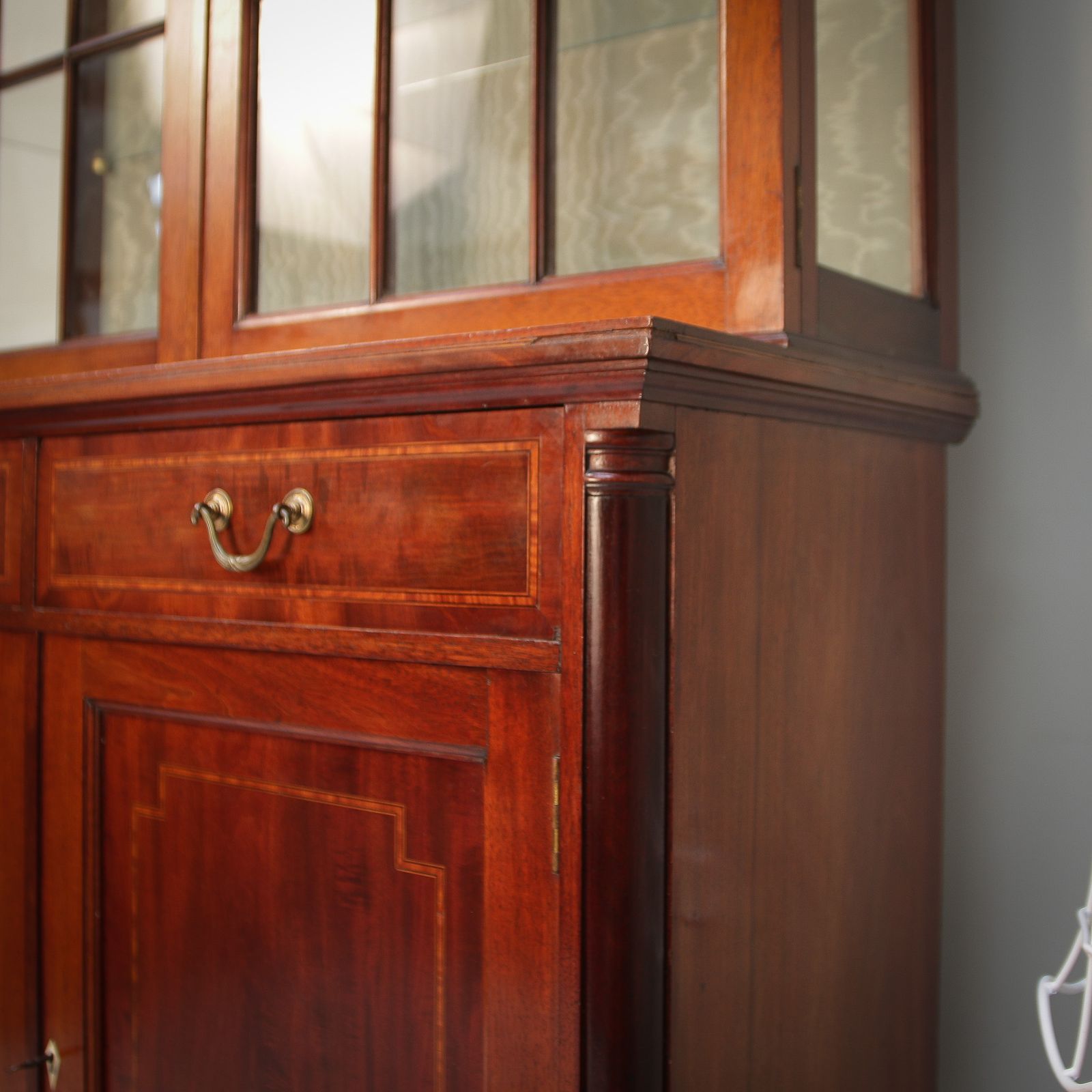 Furniture Antique Edwardian Inlaid Mahogany Bookcase On Cabriole Legs. photo
