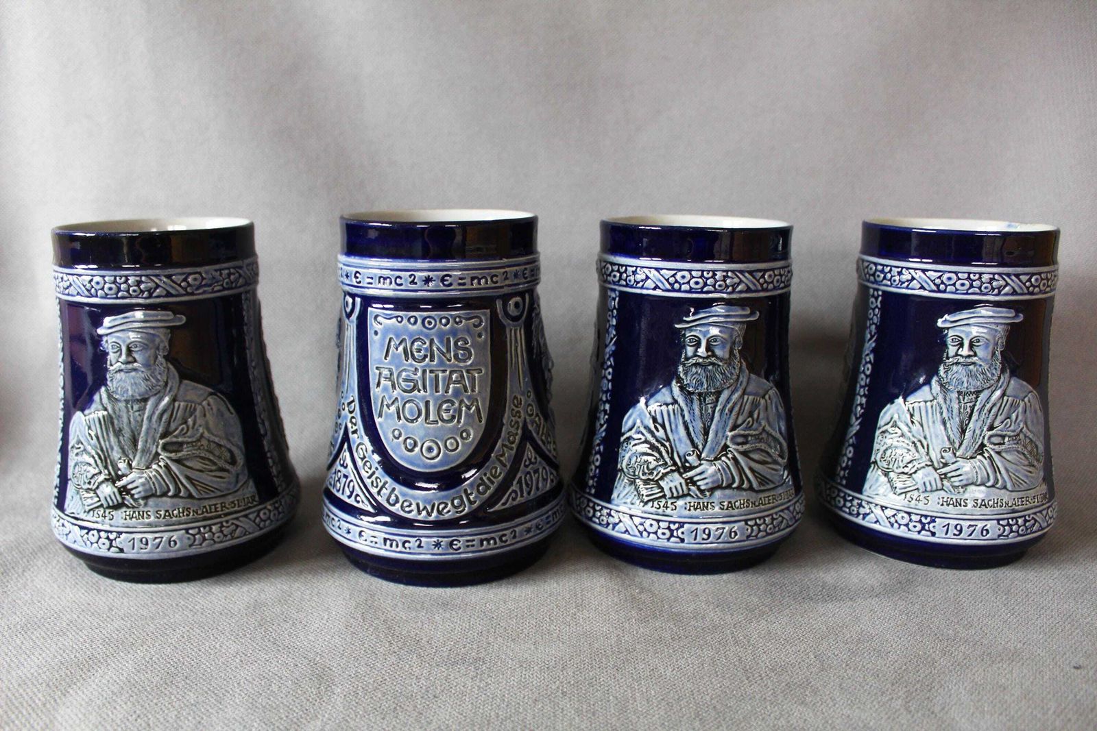 Four Vintage Marzi Remy Mr Steins, Tankard Beer German, Salt Glaze Blue, 1979 Mens Agitat Molem Einstein Otto, 1976 Hans Sachs Commemorative photo for sale